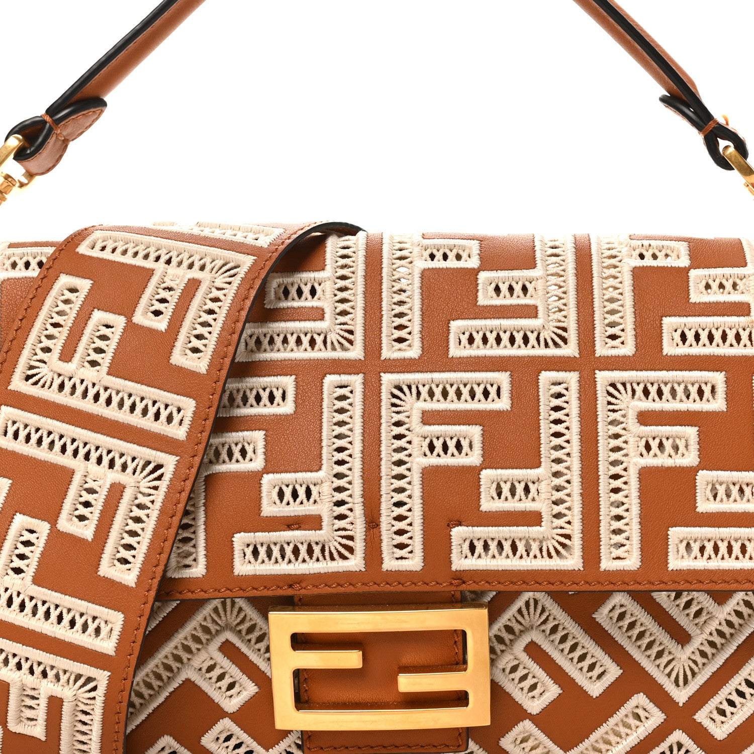 Vitello Seta FF Ajour Embroidered Baguette Brandy - Image 7
