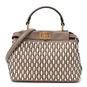 Calfskin Woven Mini Peekaboo Iconic Satchel Tortora White Ice
