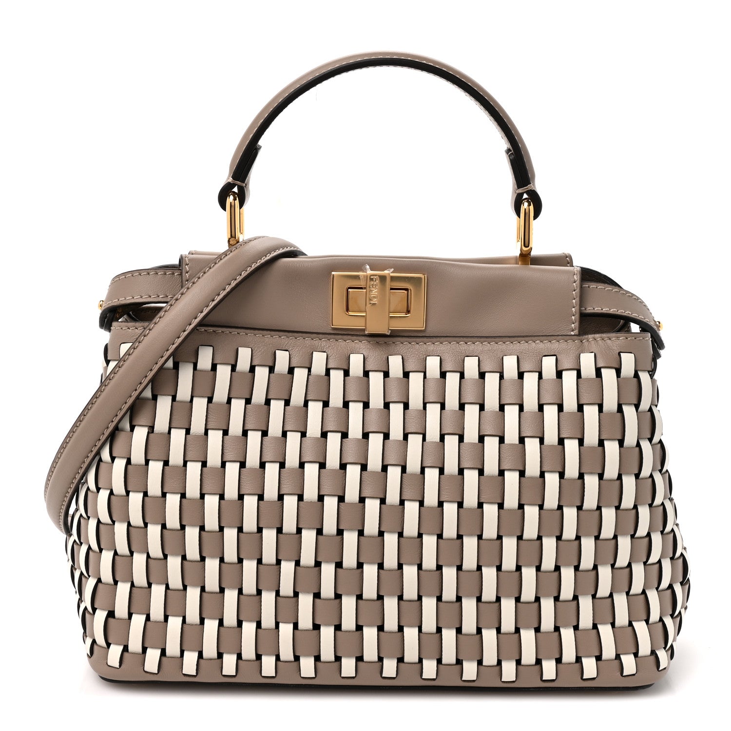 Calfskin Woven Mini Peekaboo Iconic Satchel Tortora White Ice