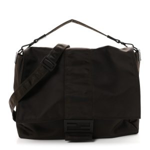 Econyl Nylon Cuoio Romano Monochrome Large Baguette Messenger Bag Ebano