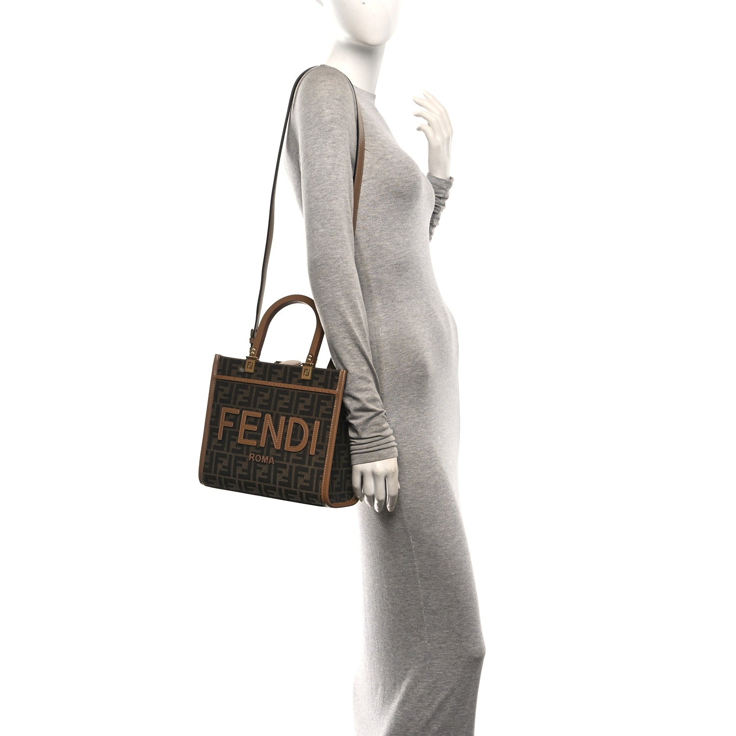 Fabric Jacquard FF 1974 Logo Small Fendi Sunshine Shopper Tote Tobacco Moro Sand - Image 2