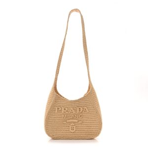 Yarn Raffia Effect Crochet Embroidered Logo Hobo Naturale