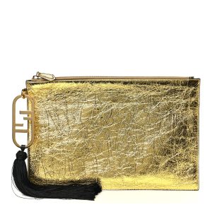 Laminated Craquele Lambskin Large Flat Pouch Gold