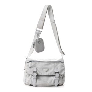 Re-Nylon Vela Saffiano Pocket Double Buckle Messenger Shoulder Bag Fiordaliso
