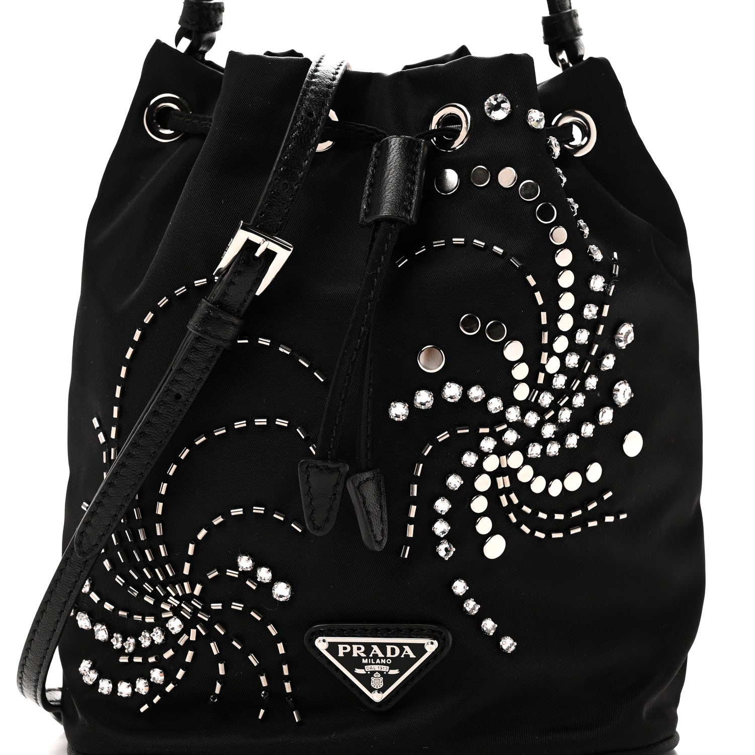 Tessuto Saffiano Ricamo Sequin Crystal Embellished Mini Re-Edition 1978 Bucket Bag Black - Image 7
