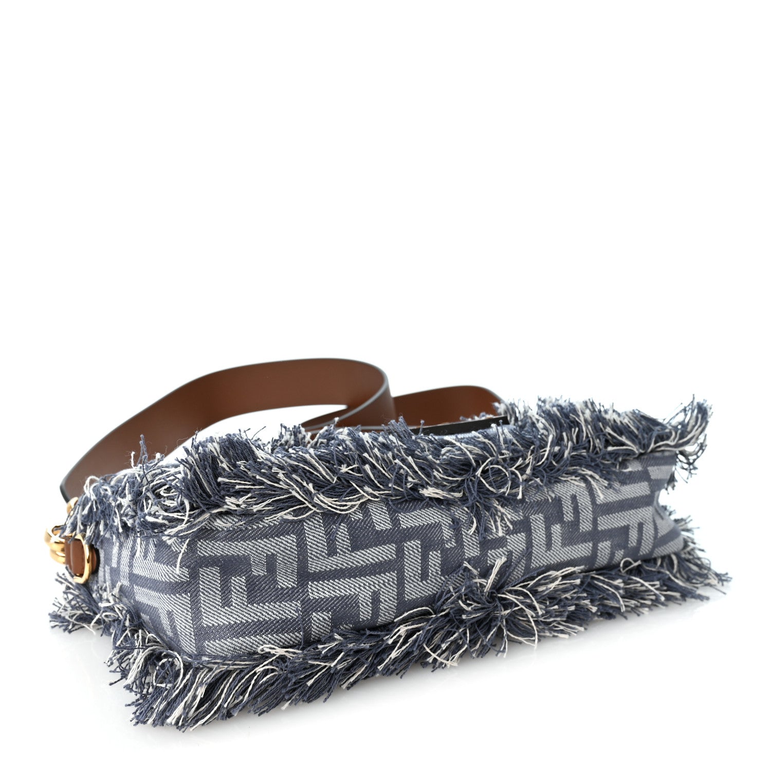 Denim Vitello King Fringe FF Embroidered Baguette Denim Myrtle Dark Nut - Image 4