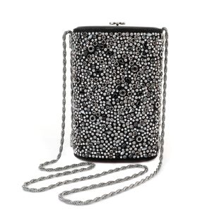 Chanel Crystal Calfskin Studded Black Minaudière Evening Clutch w/Silver Hardware