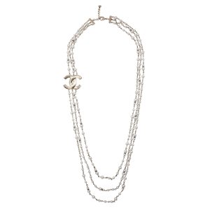 Chanel Silver Rhinstones Pearl Runway Necklace