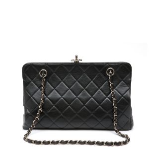 Chanel Vintage Clutch Black Quilted Lambskin w/CC Kiss Lock Silver Hardware