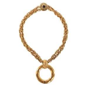 Chanel Vintage Gold Double Chain Ring Pendant Choker