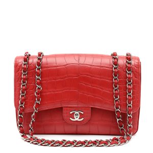 Chanel Jumbo Classic Deep Red Croc w/Silver Hardware