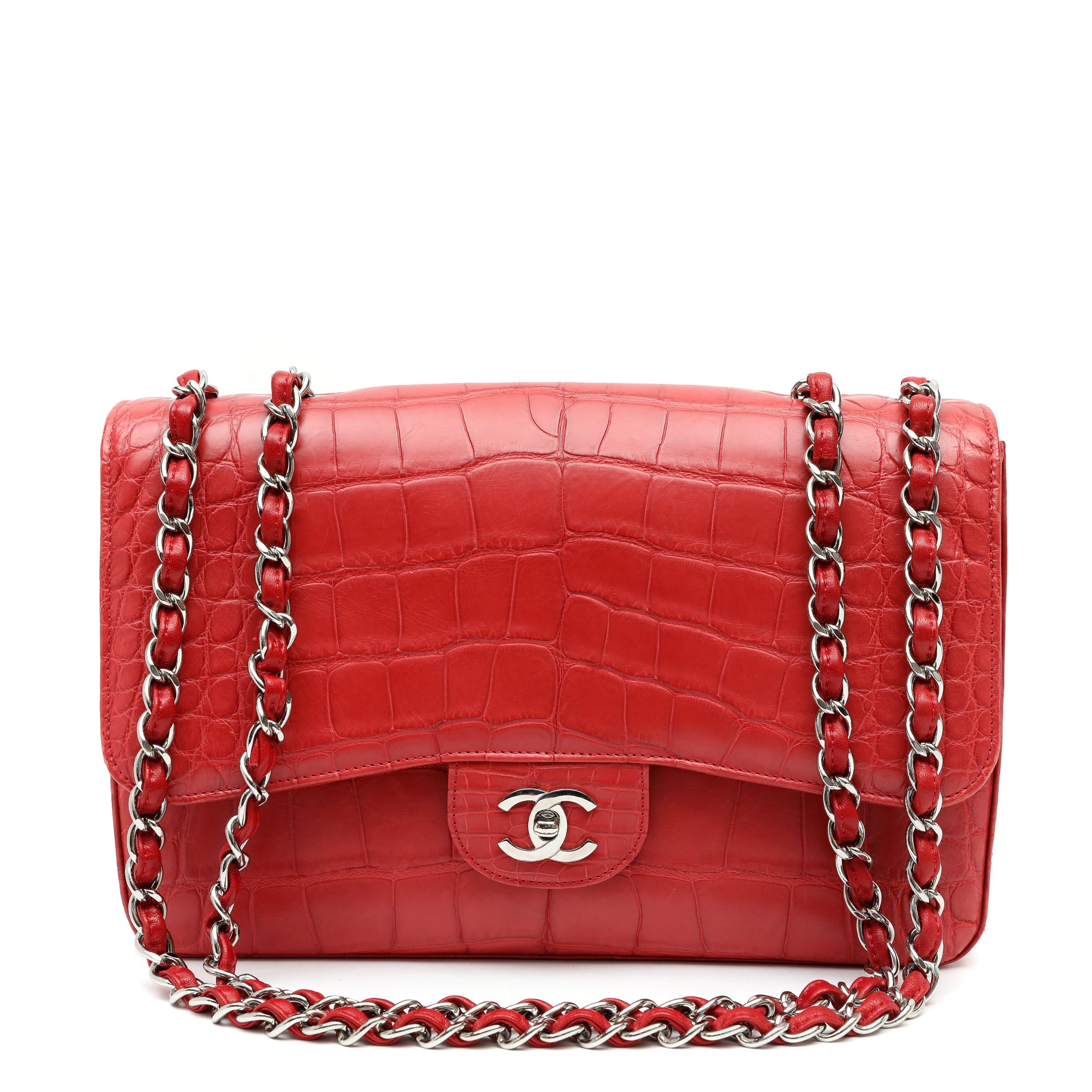 Chanel Jumbo Classic Deep Red Croc w/Silver Hardware