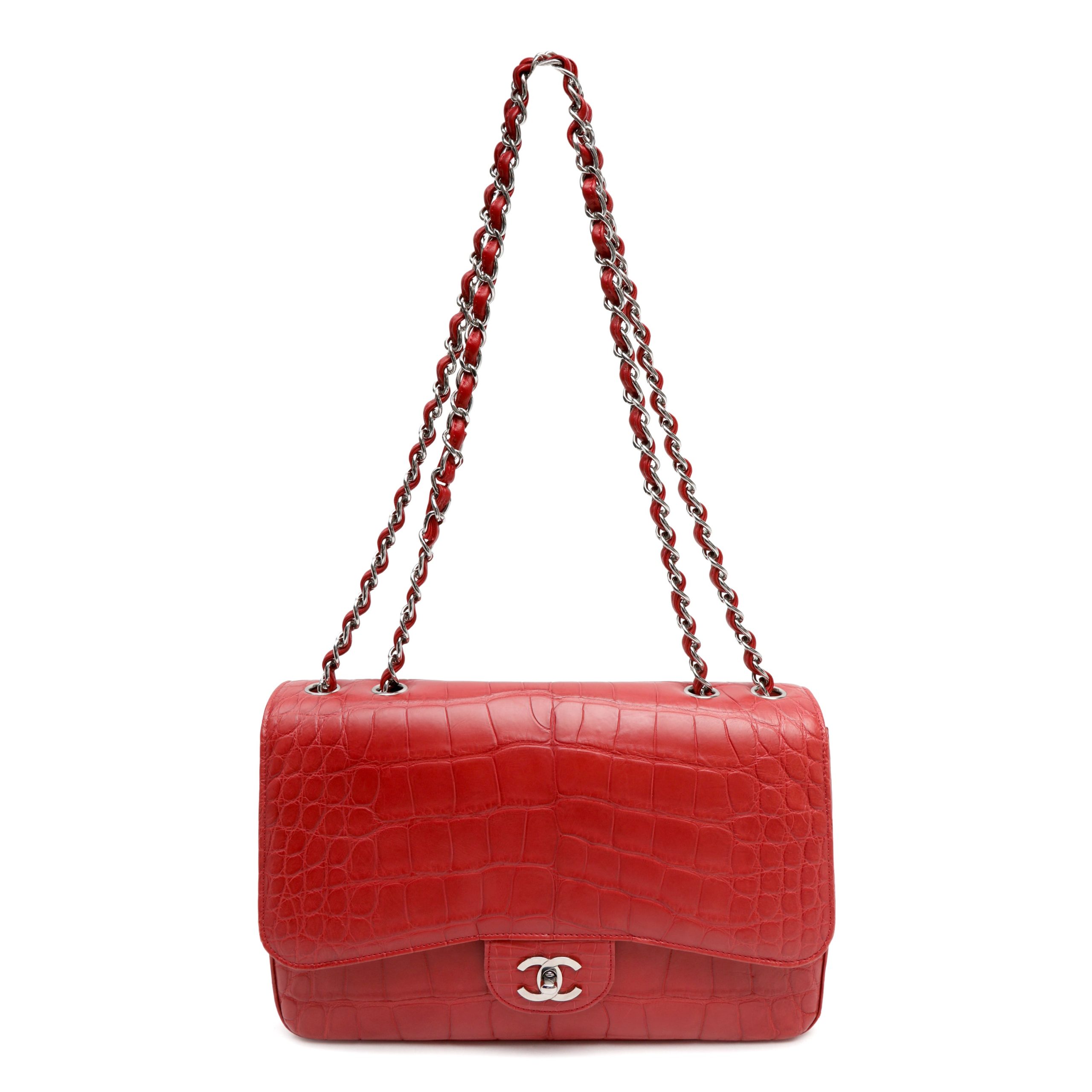 Chanel Jumbo Classic Deep Red Croc w/Silver Hardware - 图片 3