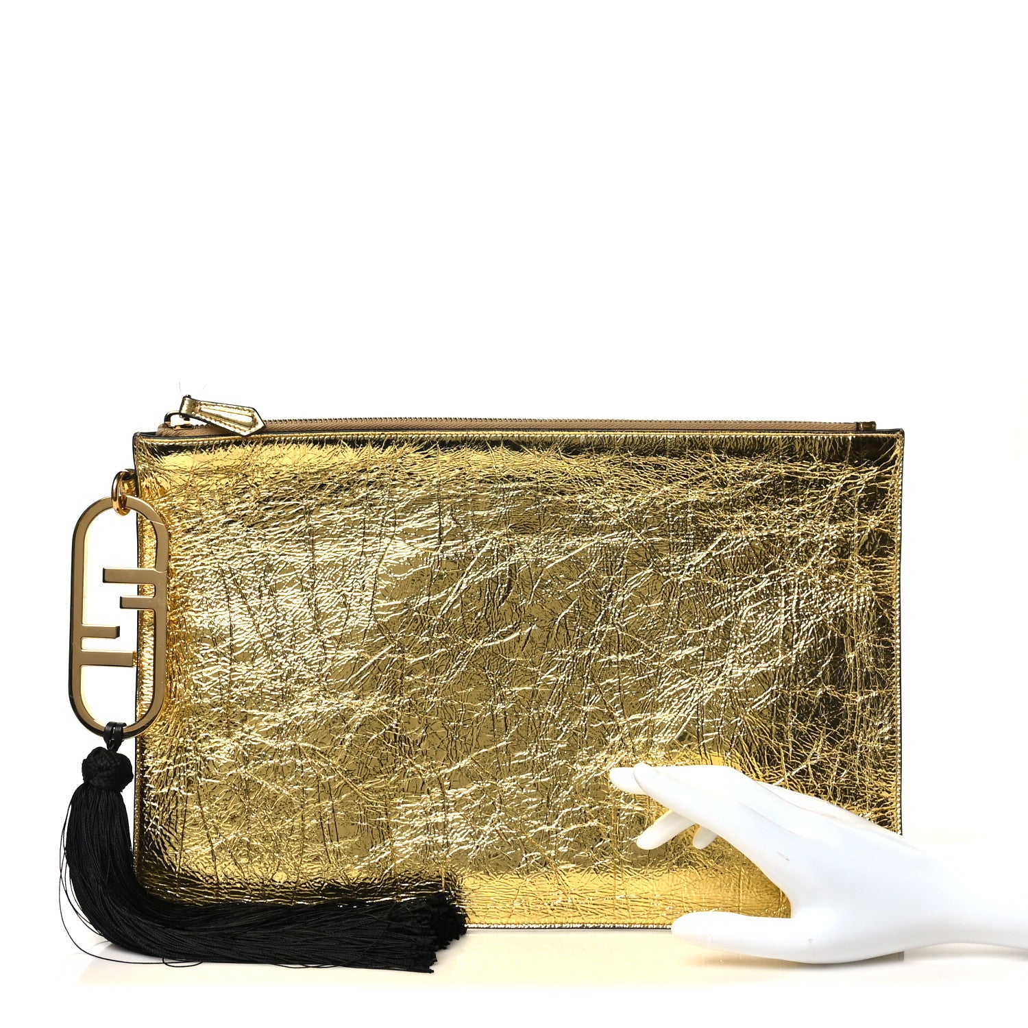 Laminated Craquele Lambskin Large Flat Pouch Gold - Image 2