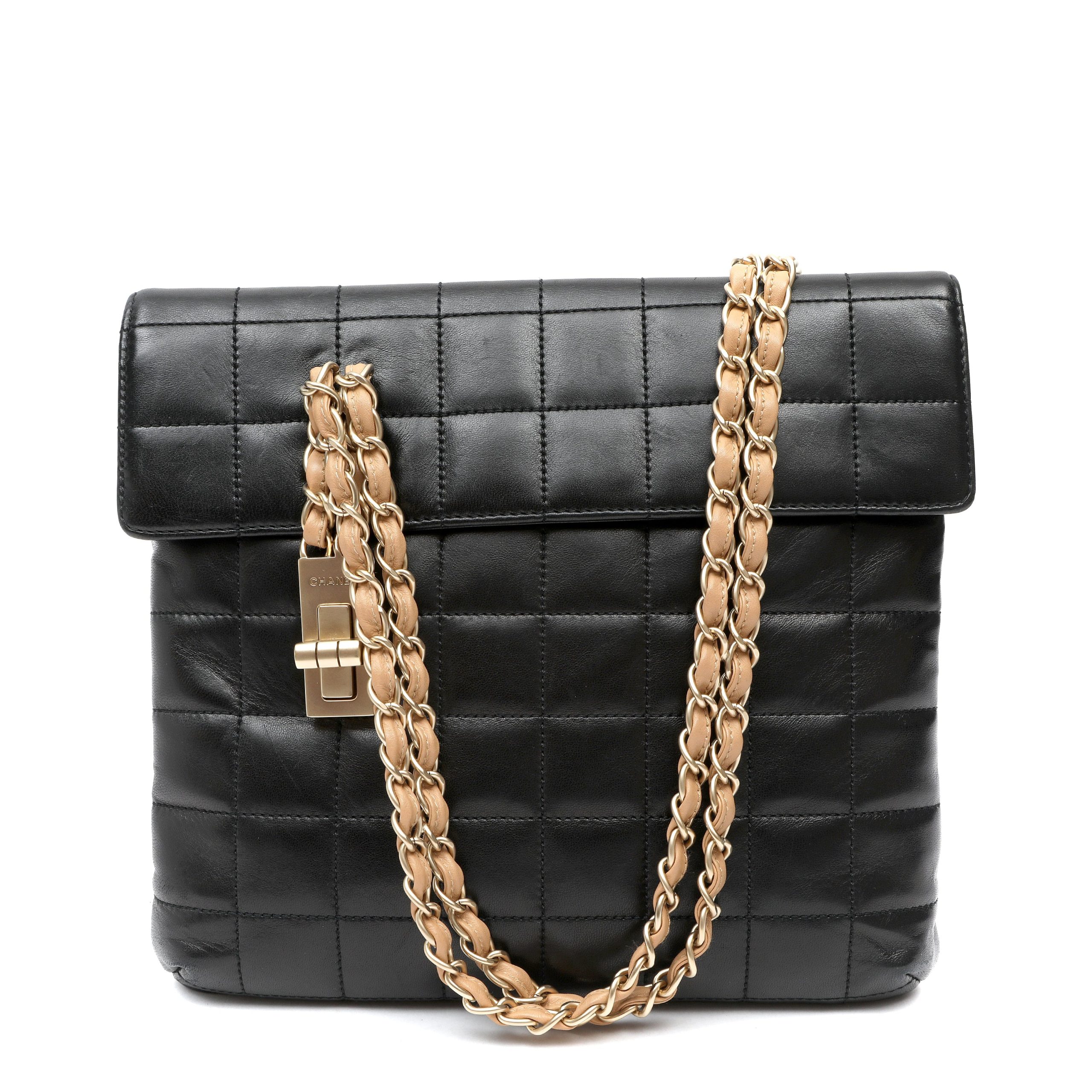 Chanel Square Quilt Vertical Lock Flap Bag Black Lambskin w/Gold Hardware