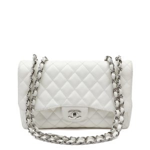 Chanel Classic Single Flap Jumbo White Caviar w/Silver Hardware