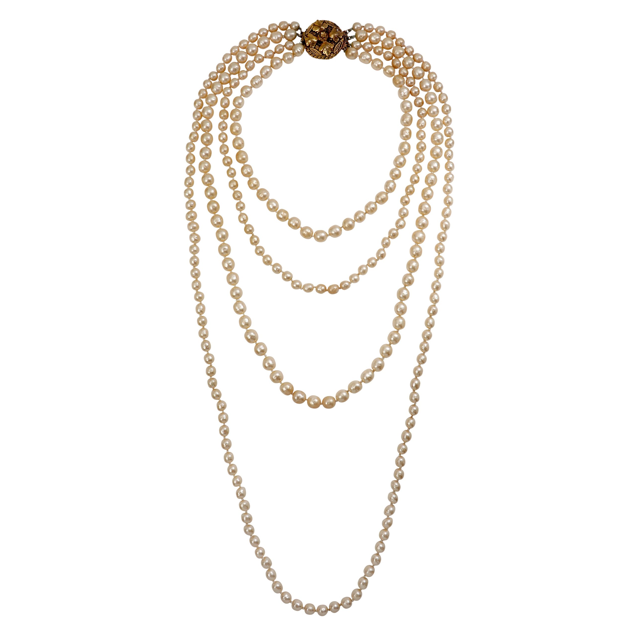 Chanel Vintage 4 Strand Pearl Necklace w/Medallion Clasp