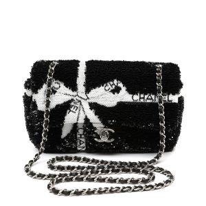 Chanel Single Flap Classic Small Black and White Sequin Ribbon w/Silver Hardware