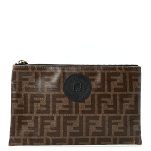Glazed Fabric Vitello Century FF 1974 Stamp Patch Small FFreedom Flat Pouch Mogano Panna Black