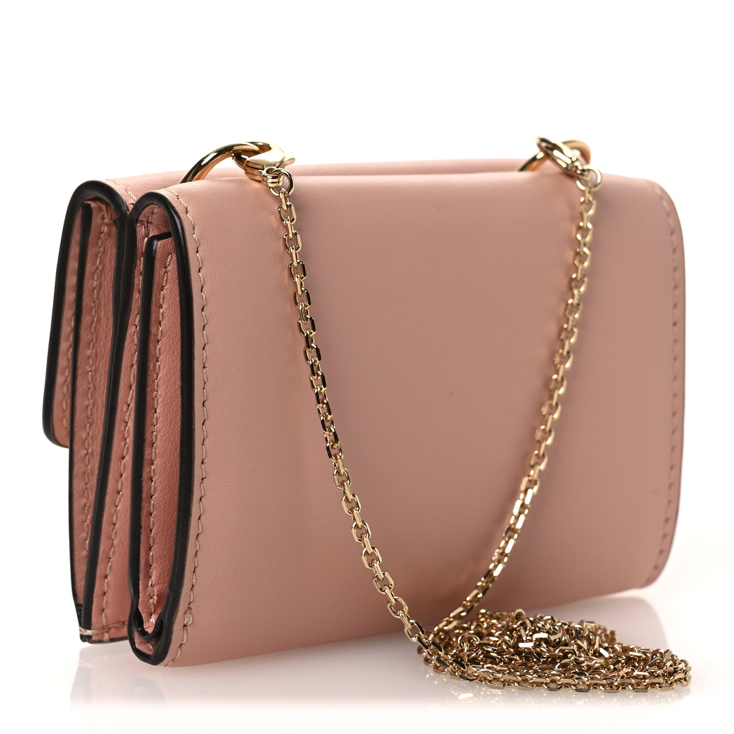 Vitello Kyoto Metal Fendi Roma Logo Micro Trifold Wallet with Chain Light Rose - Image 3
