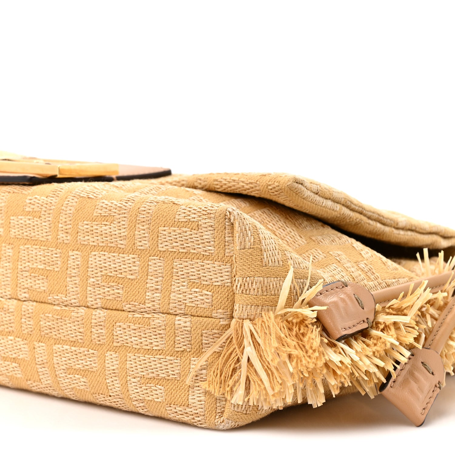 Fabric Jacquard Raffia Straw Fringe Medium Mamma Baguette Beige - Image 9