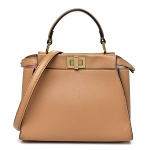 Vitello Seta Nappa FF Embossed Mini Peekaboo Iconic Satchel Miele Scuro Miele Scuro