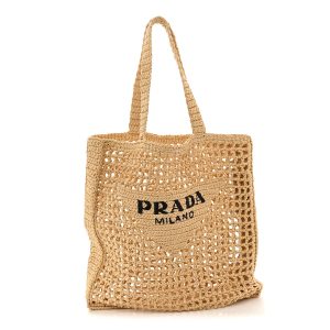 Yarn Raffia Effect Crochet Logo Embroidered Tote Bag Naturale