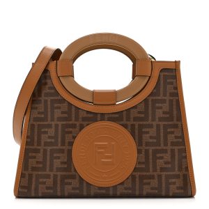 Glazed Fabric Vitello Century Plexiglass FF 1974 Stamp Patch Small Runaway Shopper Tote Mogano Panna Nocciola