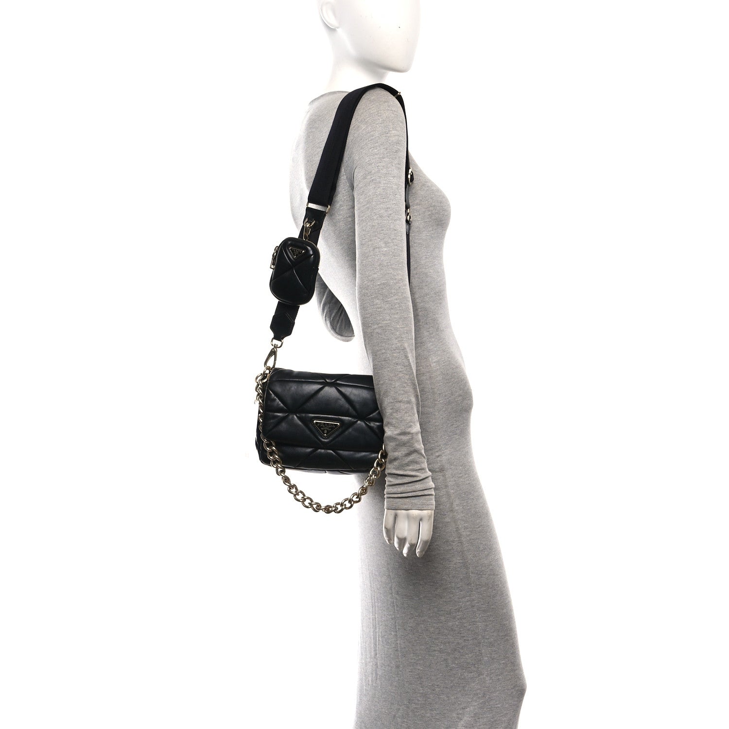 Nappa Re-Nylon Triangle Quilted Patchwork System Flap Shoulder Bag Black - 图片 2