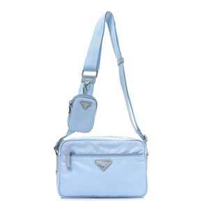 Re-Nylon Vela Saffiano Pocket Double Zip Shoulder Bag Celeste