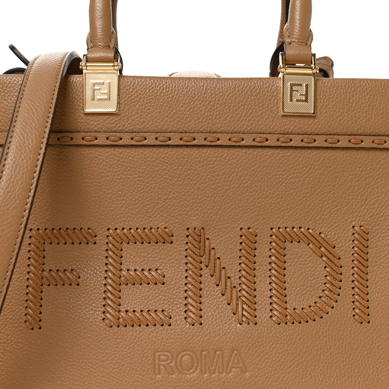 Vitello Santa Barbara Woven Logo Small Fendi Sunshine Shopper Tote Cappucino Cappucino - Image 8