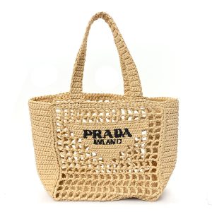Yarn Raffia Effect Crochet Logo Embroidered Small Tote Bag Naturale