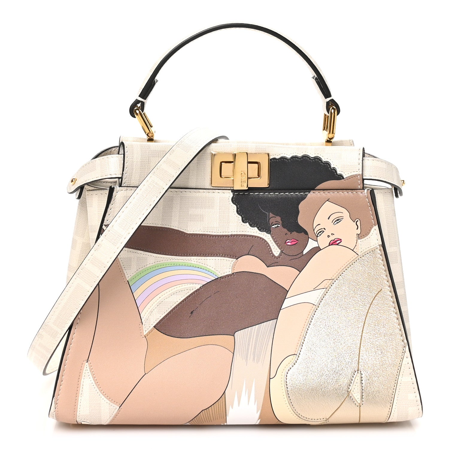 Glazed Fabric Nappa FF Disco Girls Inlay Mini Peekaboo Iconic Satchel Bianco Perla Multicolor