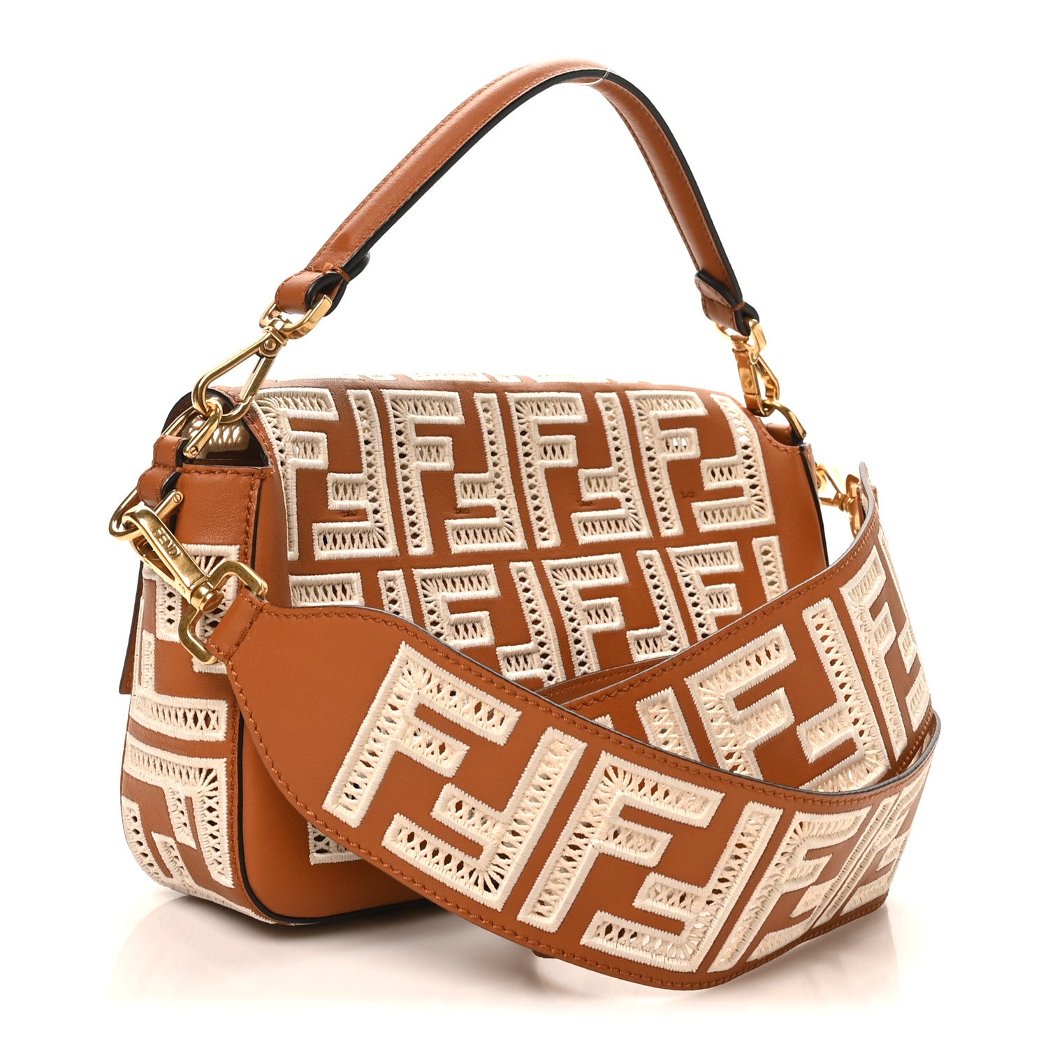 Vitello Seta FF Ajour Embroidered Baguette Brandy - Image 3