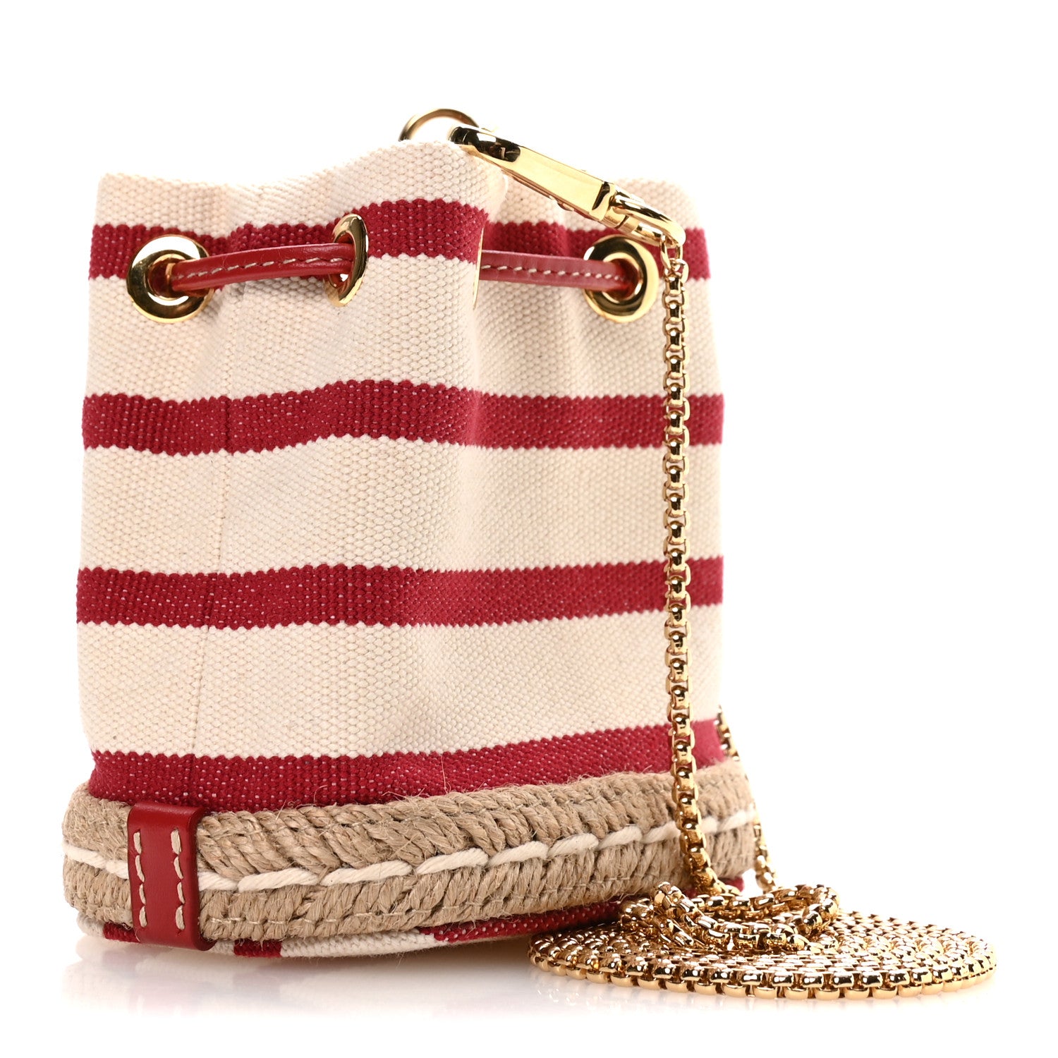 Canvas Stripe Metal Triangle Logo Mini Drawcord Pouch Shoulder Bag Avorio Rosso - 图片 3