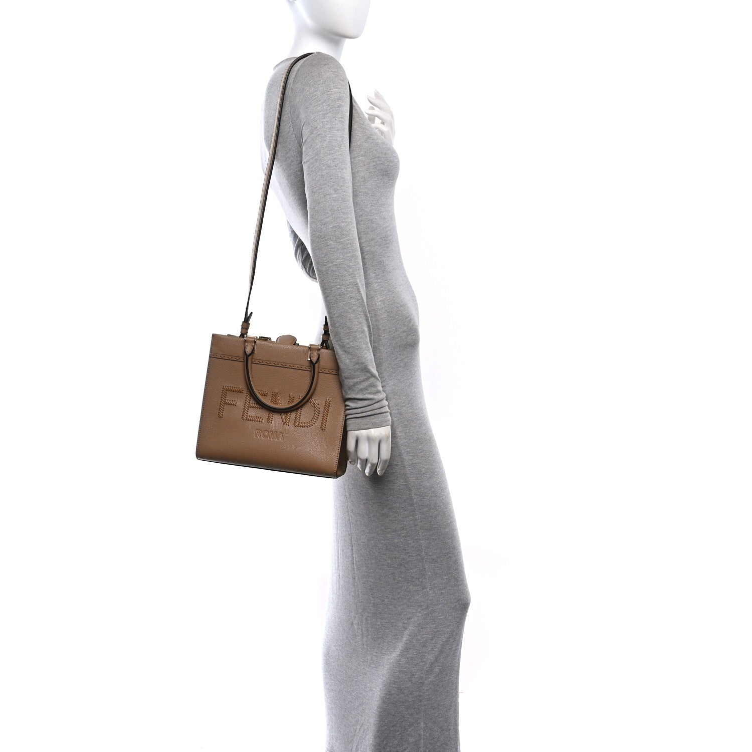 Vitello Santa Barbara Woven Logo Small Fendi Sunshine Shopper Tote Cappucino Cappucino - Image 2