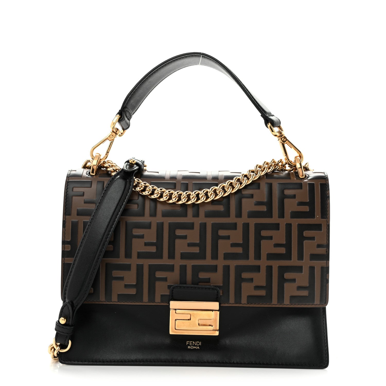 Vitello Liberty Bi-Color FF 1974 Embossed Chain Strap Kan U Shoulder Bag Black Maya
