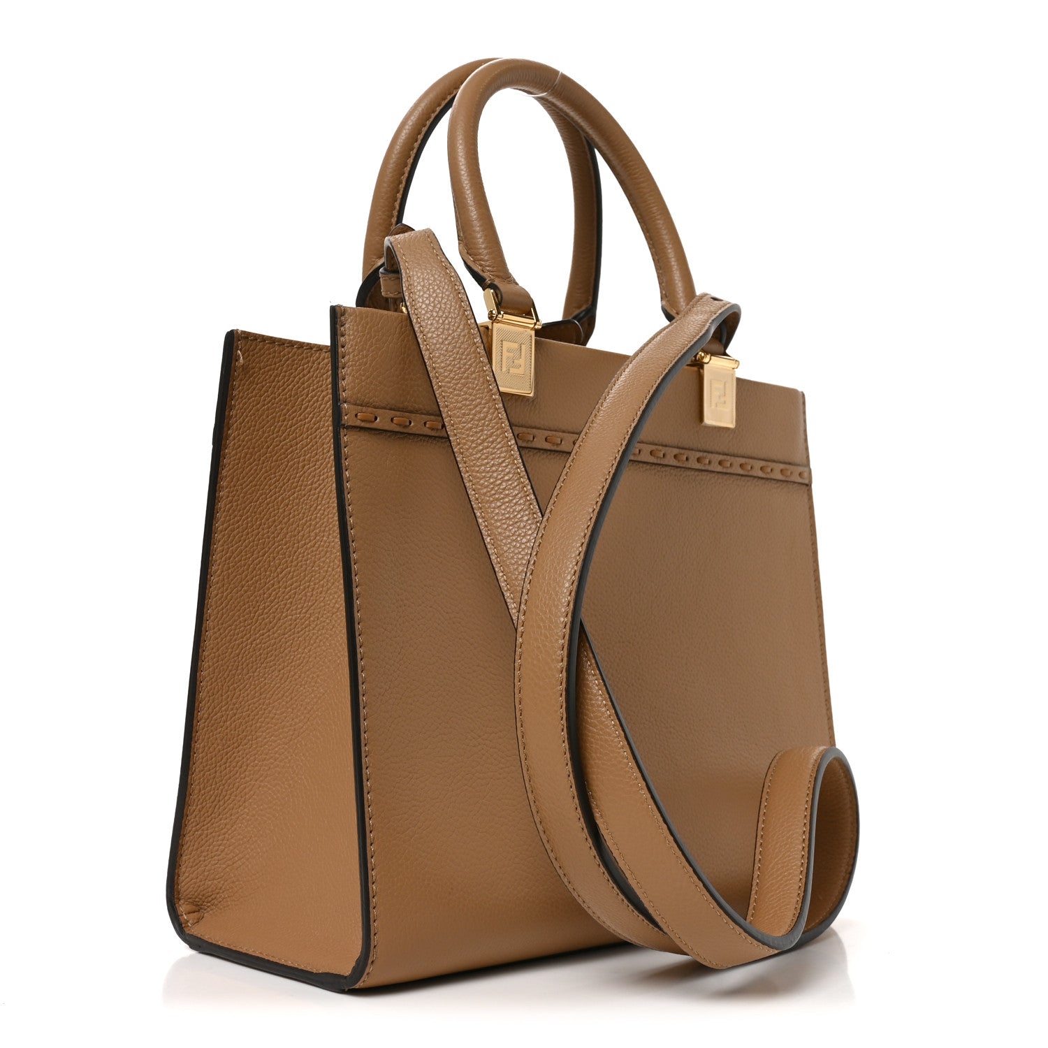 Vitello Santa Barbara Woven Logo Small Fendi Sunshine Shopper Tote Cappucino Cappucino - Image 3