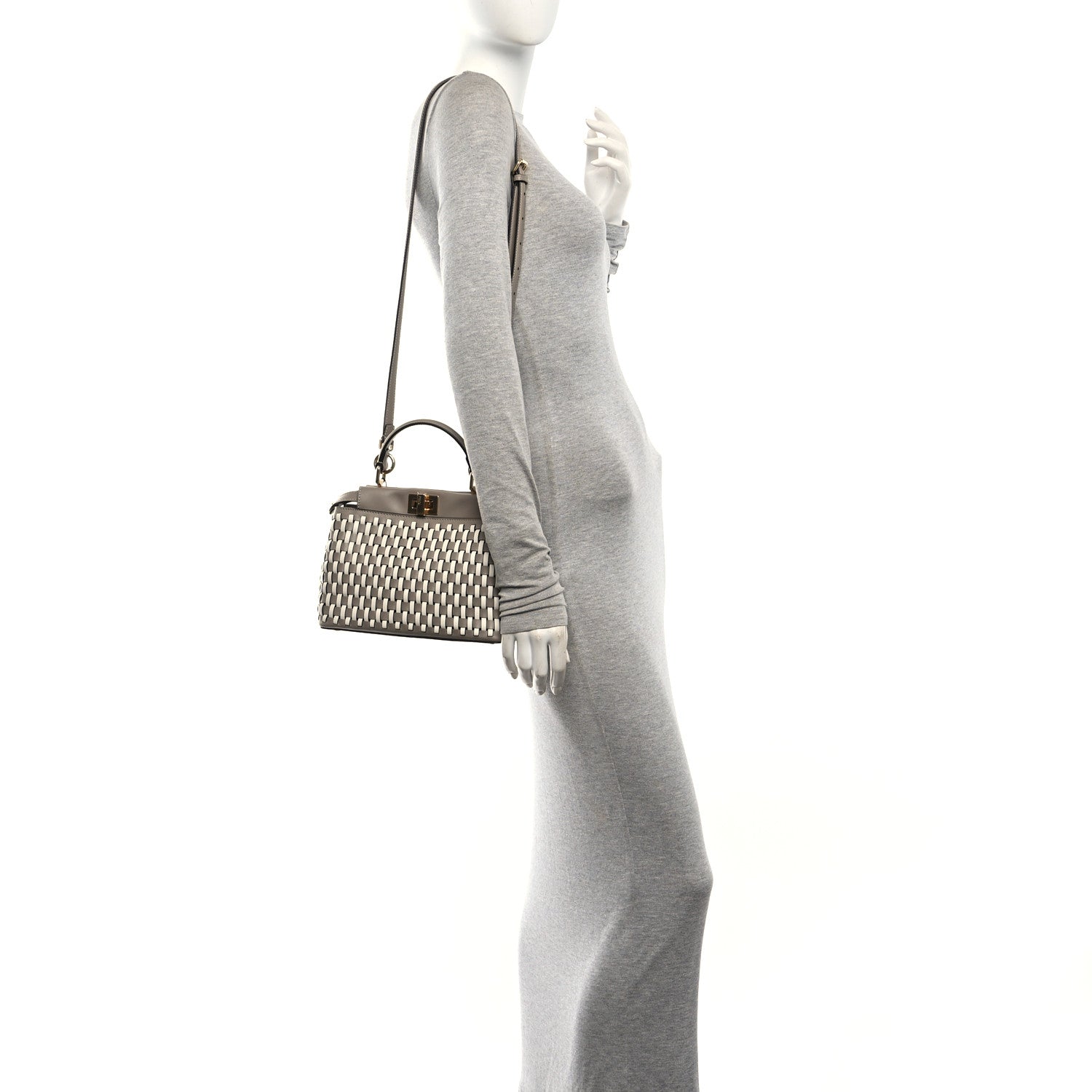 Calfskin Woven Mini Peekaboo Iconic Satchel Tortora White Ice - Image 2