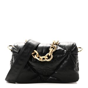 Nappa Soft Padded Logo Embossed Triangle Quilted Small Shoulder Bag Black