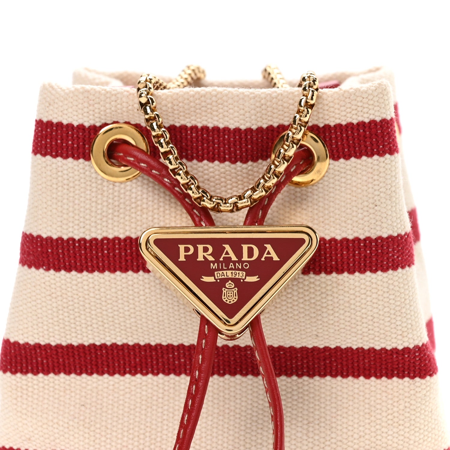 Canvas Stripe Metal Triangle Logo Mini Drawcord Pouch Shoulder Bag Avorio Rosso - 图片 8