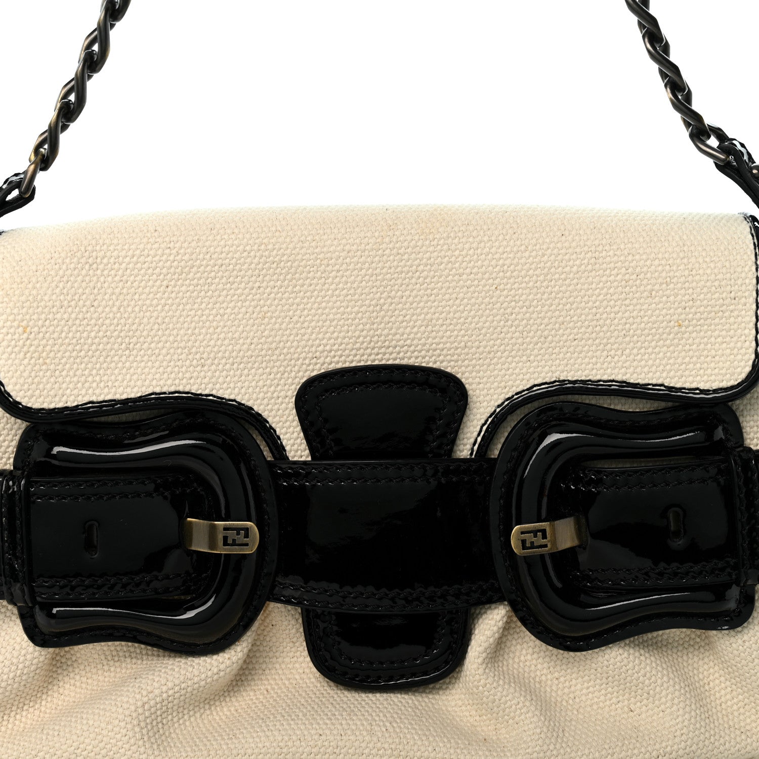 Canvas Patent Calfskin B Bis Flap Bag Natural Black - Image 8