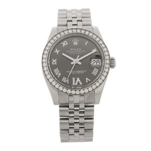 Stainless Steel 18K White Gold Diamond 31mm Oyster Perpetual Datejust Watch Dark Grey Roman 178384