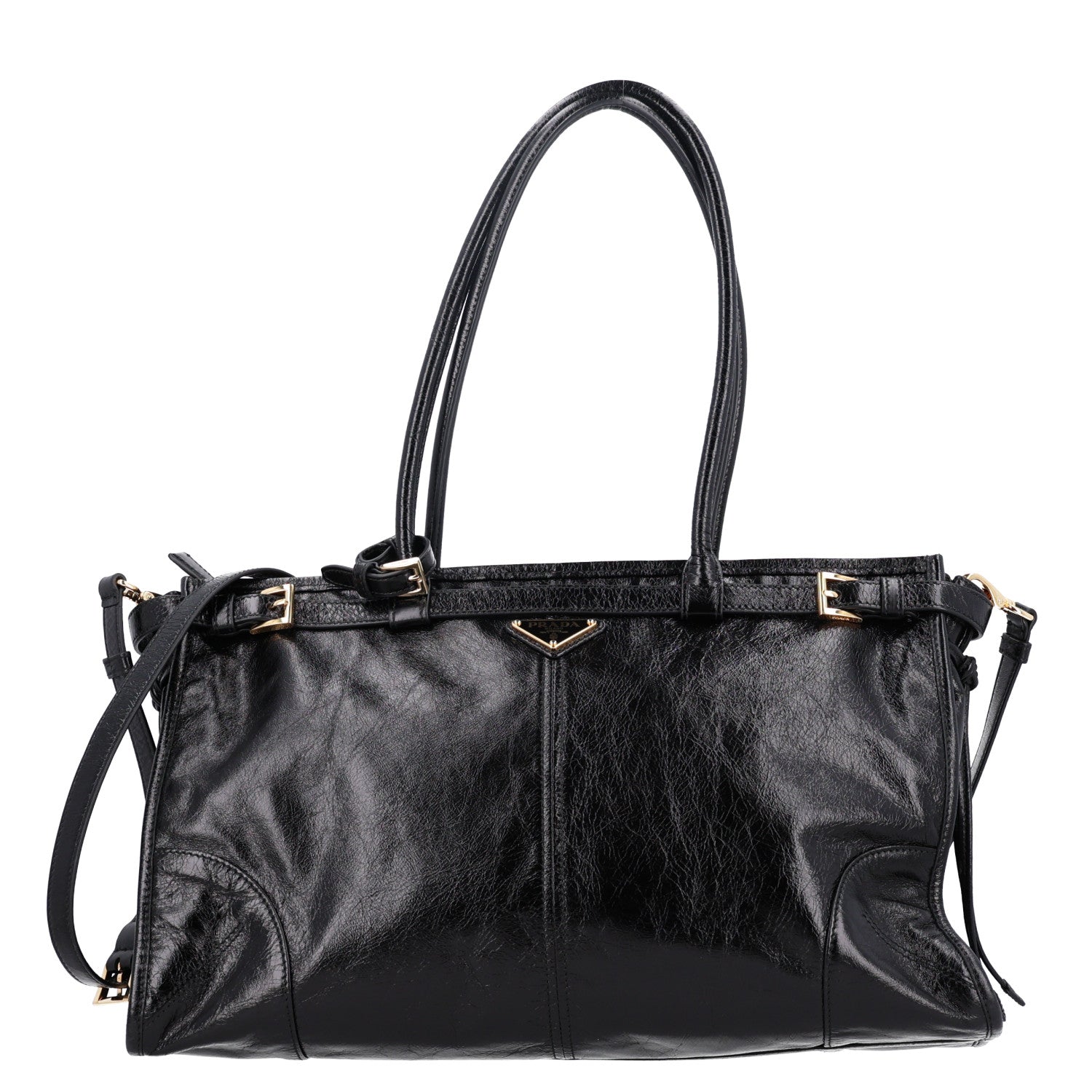 Glossy Calfskin Triangle Large Bonnie Shoulder Bag Black