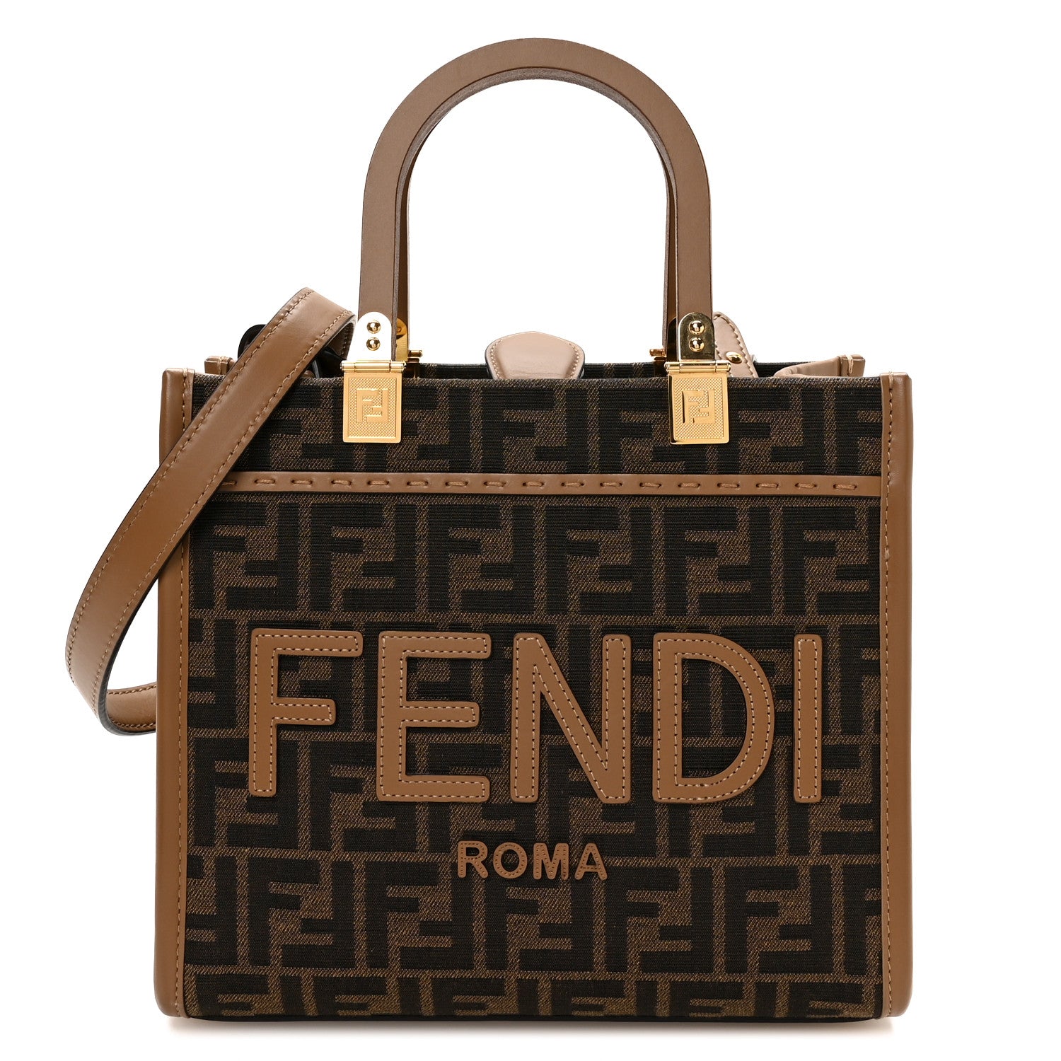 Fabric Jacquard FF 1974 Logo Small Fendi Sunshine Shopper Tote Tobacco Moro Sand