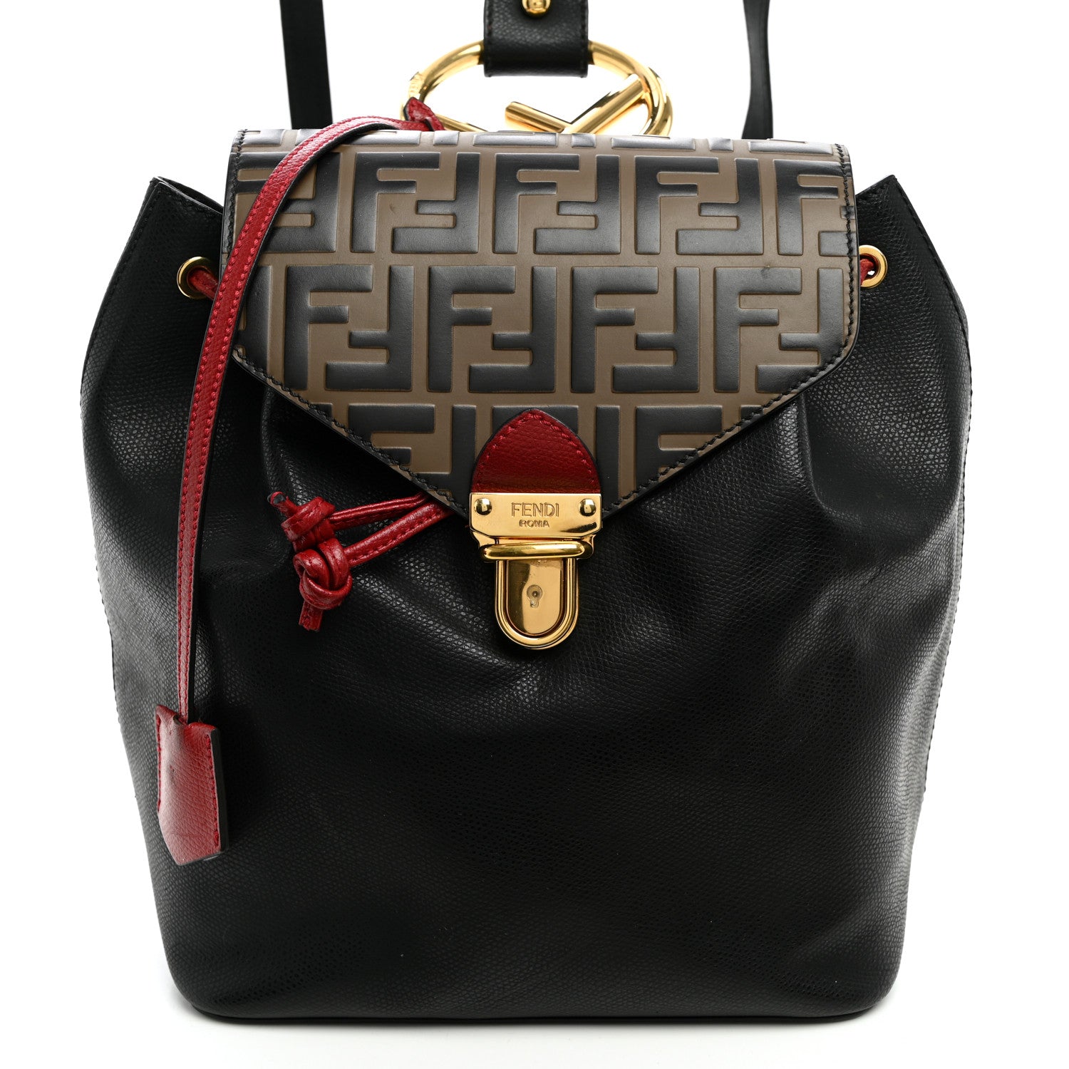 Vitello Cruise Bi-Color FF 1974 Embossed F is Fendi Drawstring Backpack Black Fragola Maya - Image 8