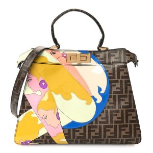Glazed Fabric Vitello FF 1974 Hairdo Girls Inlay Medium Peekaboo Iconic Satchel Mogano Panna Multicolor