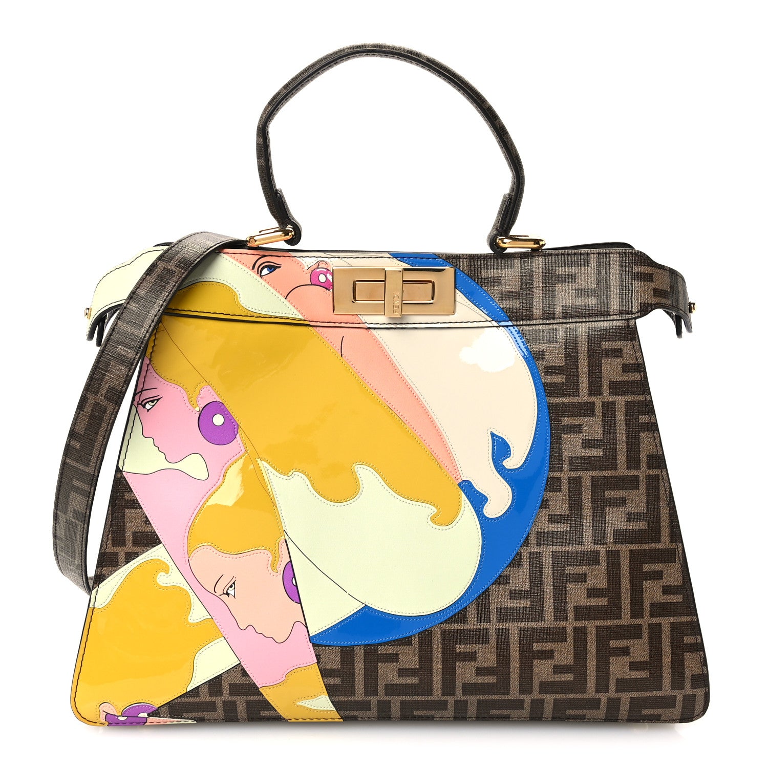 Glazed Fabric Vitello FF 1974 Hairdo Girls Inlay Medium Peekaboo Iconic Satchel Mogano Panna Multicolor