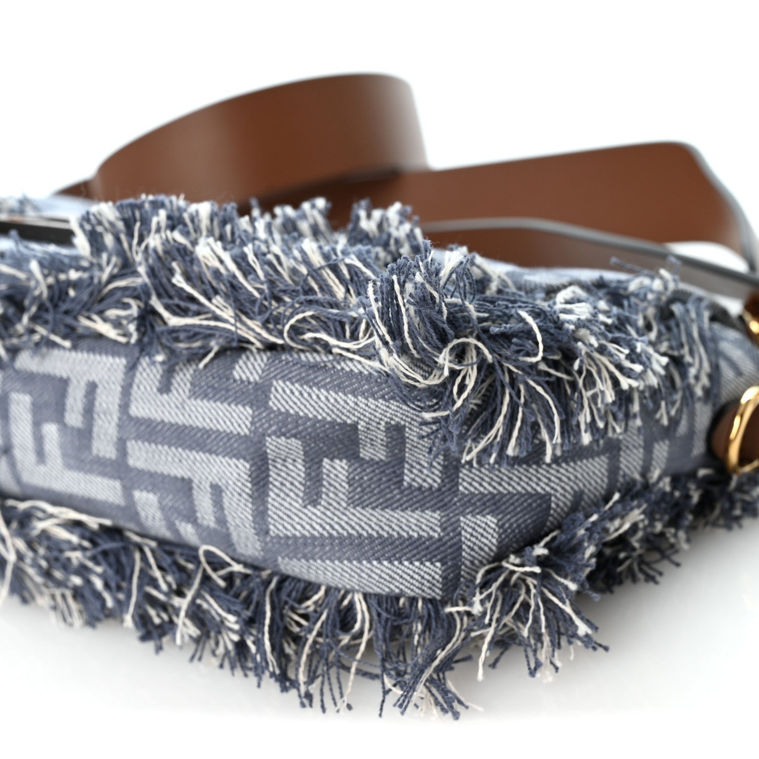 Denim Vitello King Fringe FF Embroidered Baguette Denim Myrtle Dark Nut - Image 12