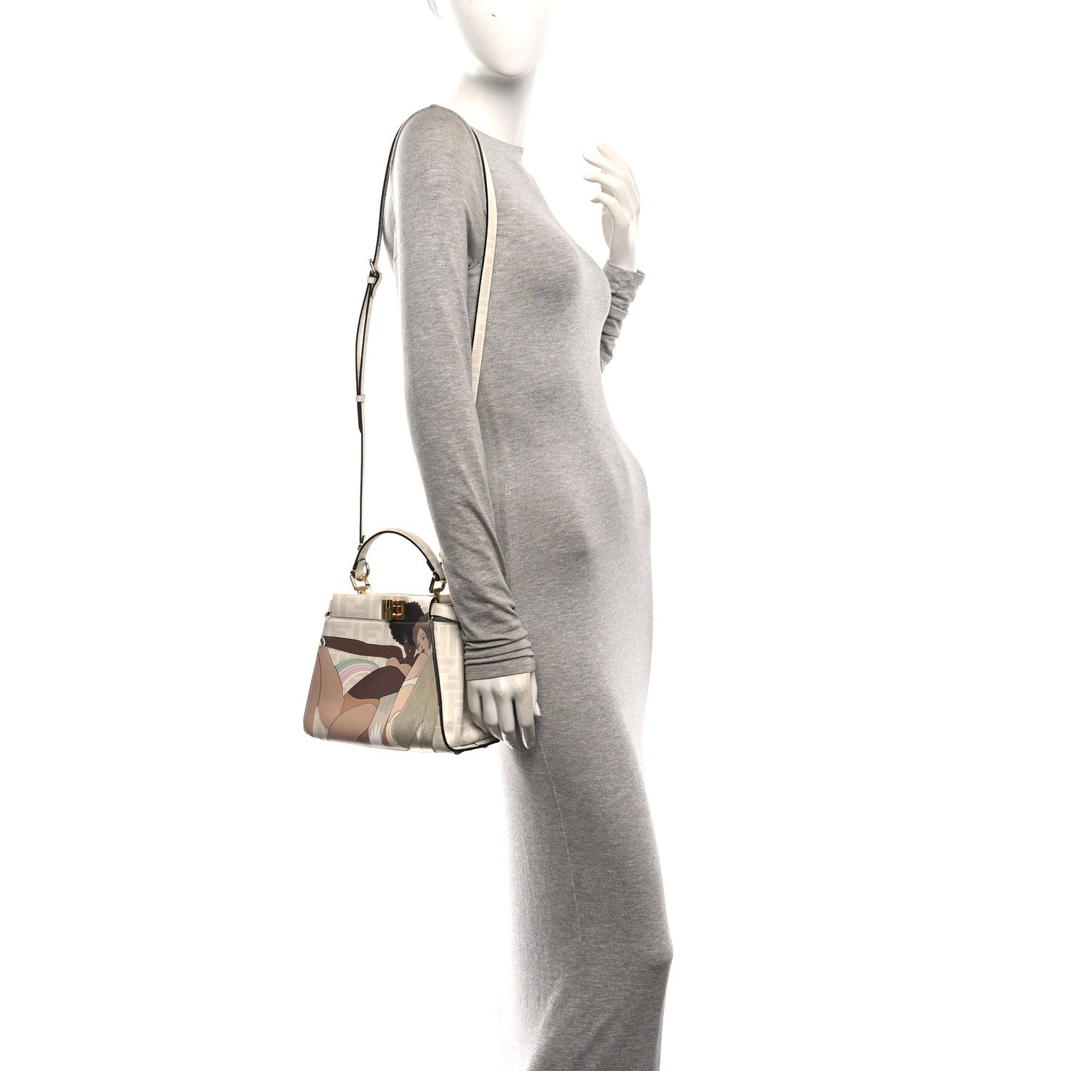 Glazed Fabric Nappa FF Disco Girls Inlay Mini Peekaboo Iconic Satchel Bianco Perla Multicolor - Image 3